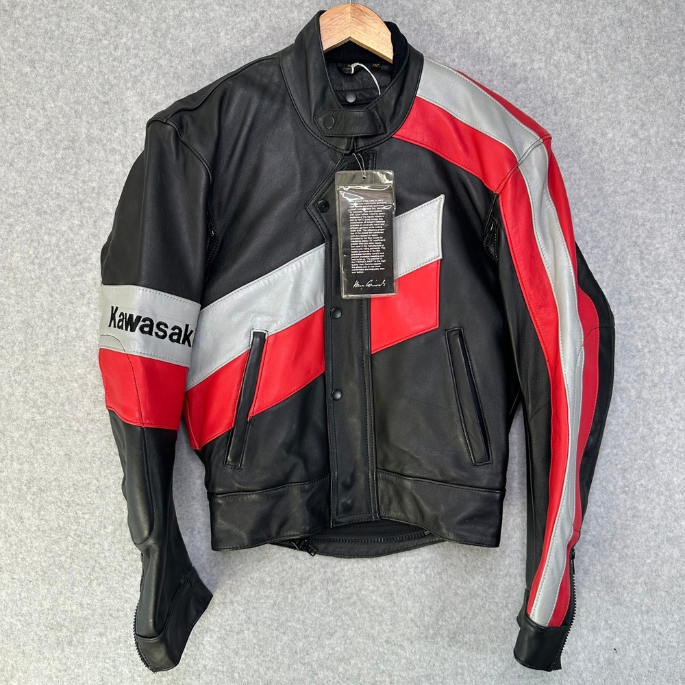 Kawasaki Hein Gericke Leather Motorcycle Jacket Men's 38 Black‎ Red Silver